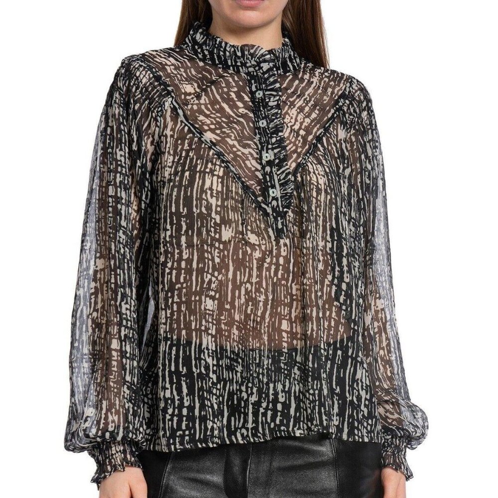 Neo Noir Flavi Graphic Drop Blouse Top Smocked Shirt Ruffle Sheer XS 34 278256